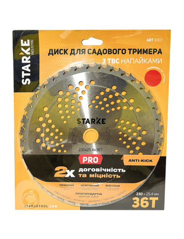 Диск Starke 36T 230мм*25.4 PRO усиленный противоударный зуб для бензокосы и садового триммера с твердосплавными напайками 
